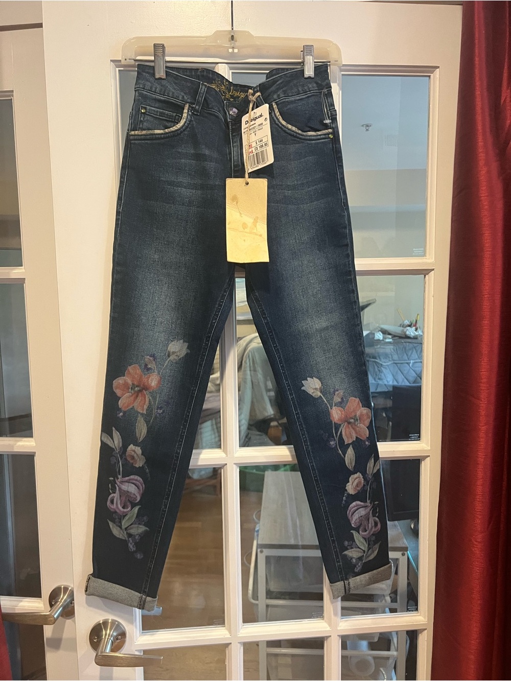 Desigual Dark Blue Cropped Jeans with Floral Print